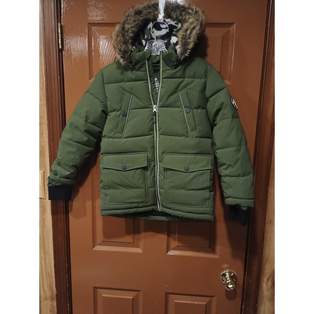 Member's Mark Parka Jacket Boys 7/8 Olive Green Excellent Faux Fur Puffer Camo
